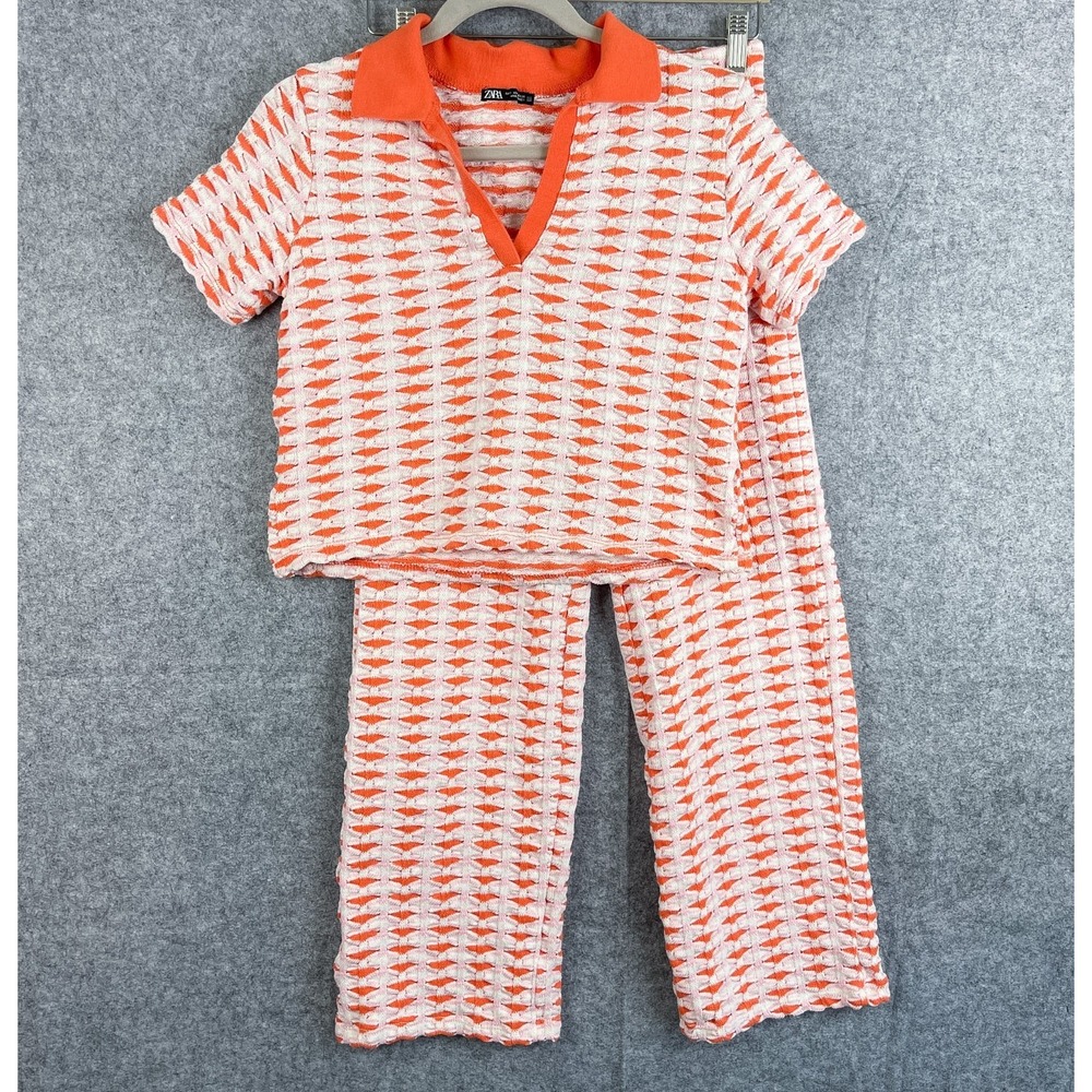 Zara Knit Top Pant Set Womens Small Orange Jacquard Wide Leg Retro Festival Boho